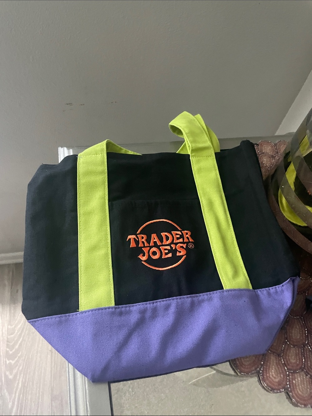 Black & Purple Canvas Tote with Lime Handles